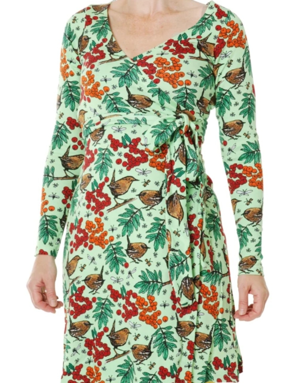 Duns Sweden long-sleeve wrap dress size medium Rowanberry Green pattern